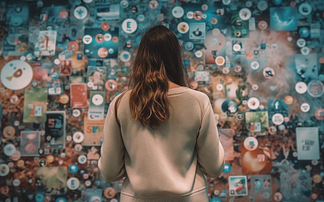 A person gazes into a vast array of social media icons, illustrating the engulfing impact of social media on mental health.