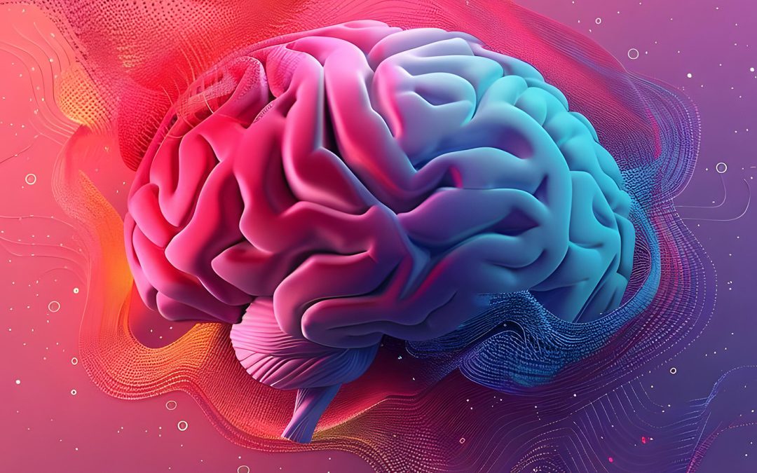 A vivid, colorful brain illustration set against a gradient pink and purple backdrop, symbolizing the dynamic services offered by a psychologist near Boksburg for mental wellness and psychotherapy.