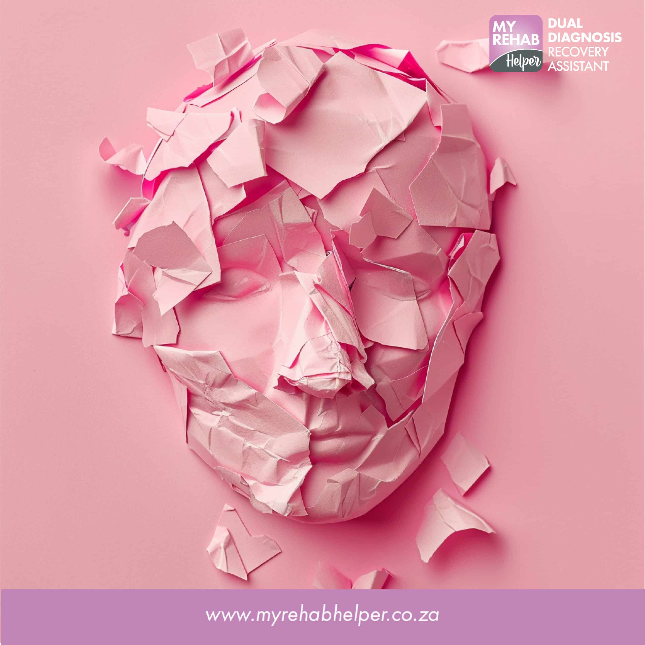 Abstract representation of a fragmented face in pink, symbolizing recovery and healing at MyRehab Helper, a drug and alcohol rehab centre in Benoni