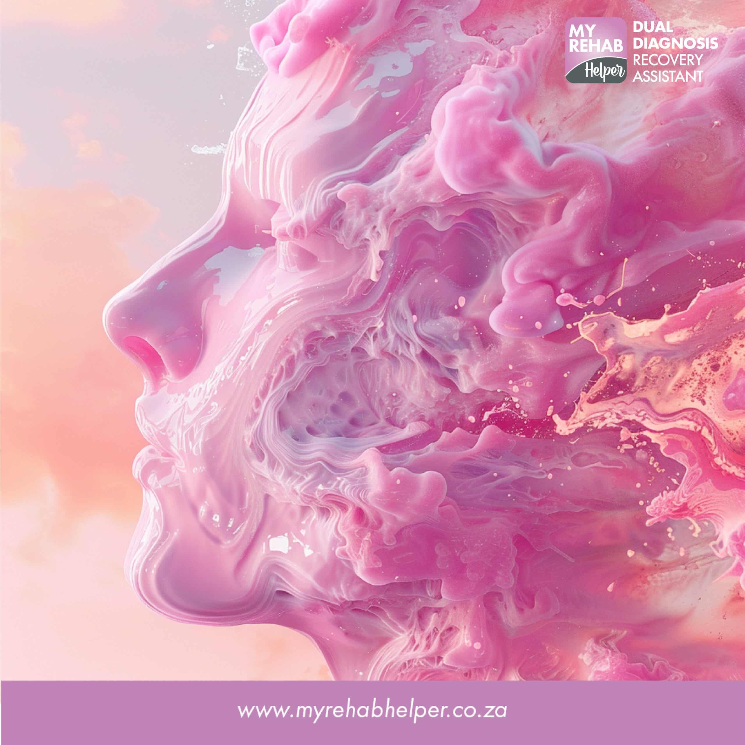 Side profile of a woman with abstract pink and white fluid design, symbolizing recovery at MyRehab Helper, a drug and alcohol rehab centre in Benoni