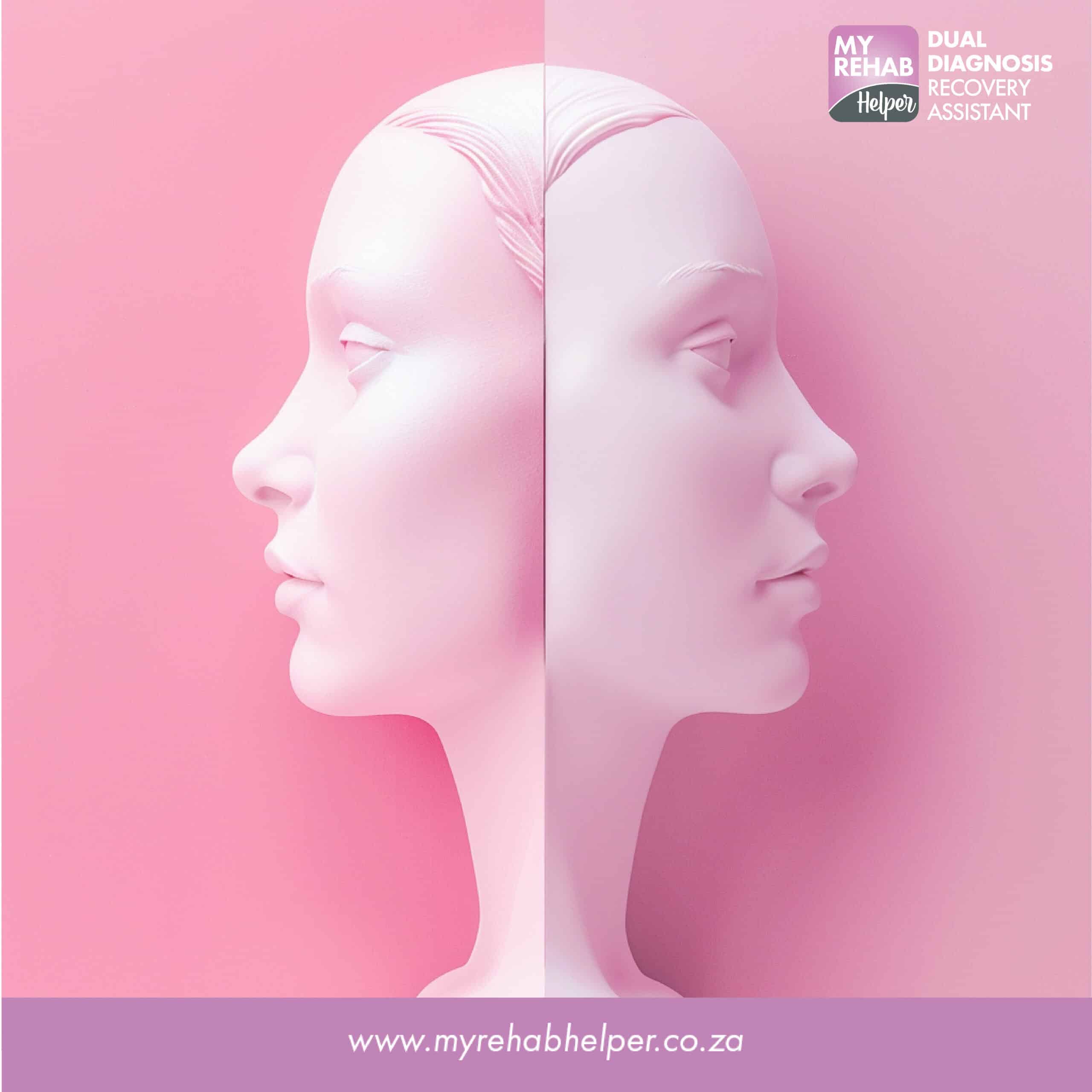 Dual profiles of a woman's face in pink, representing balance and recovery at MyRehab Helper, a drug and alcohol rehab centre in Benoni