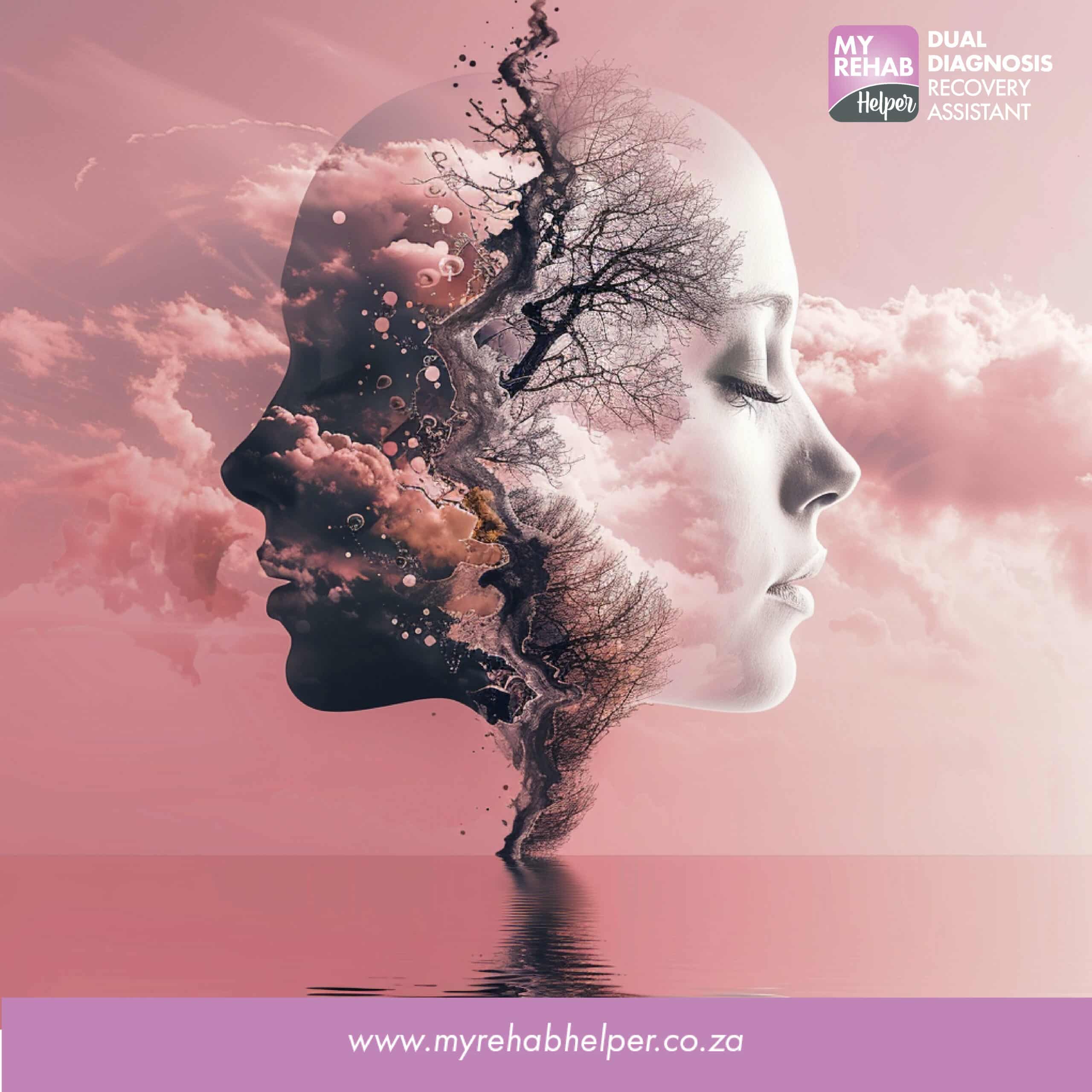 Profile of a woman's face with abstract nature and water imagery, symbolizing recovery at MyRehab Helper, a drug and alcohol rehab centre in Alberton