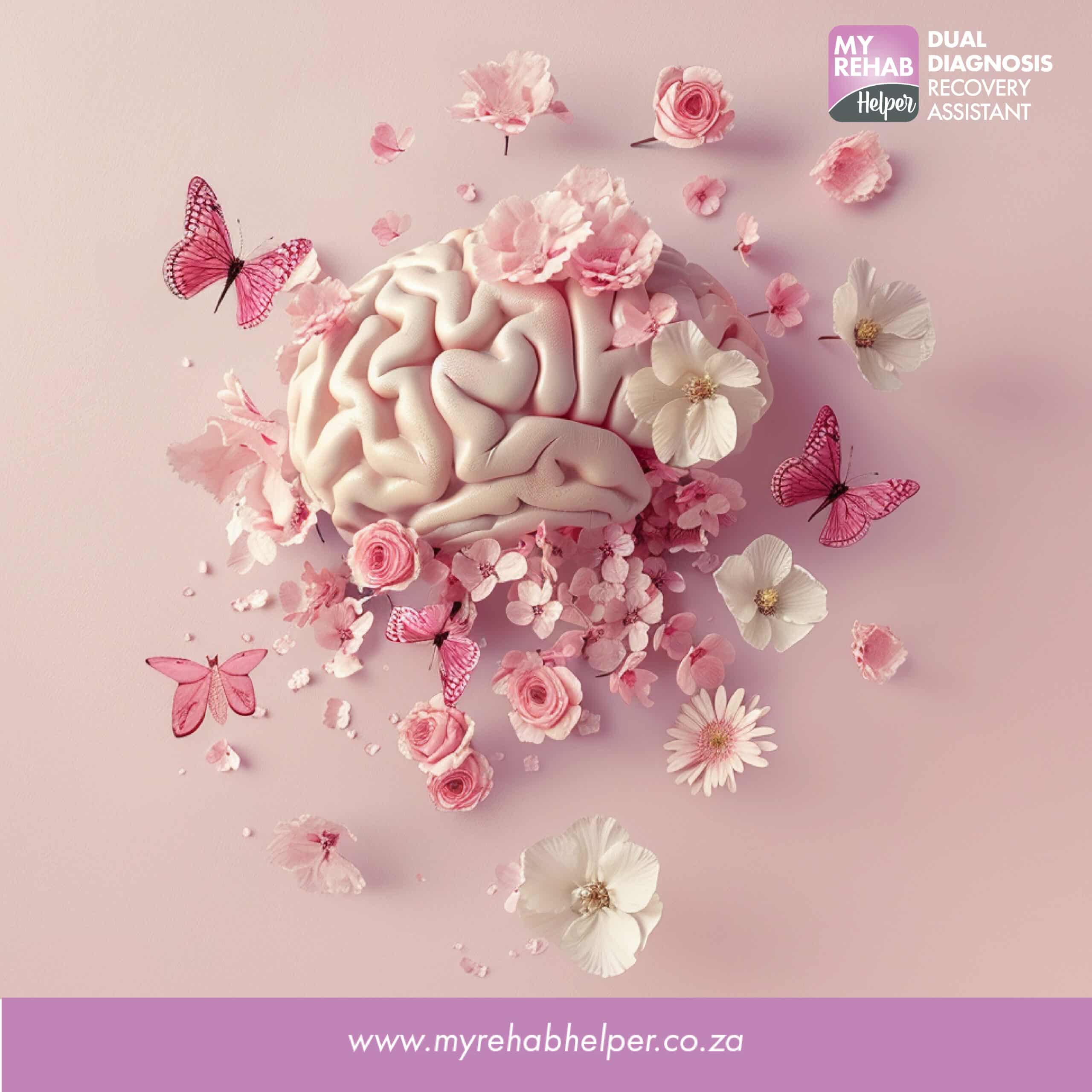 3D model of a brain surrounded by flowers and butterflies, symbolizing recovery at MyRehab Helper, a drug and alcohol rehab centre in Meyersdal, Alberton