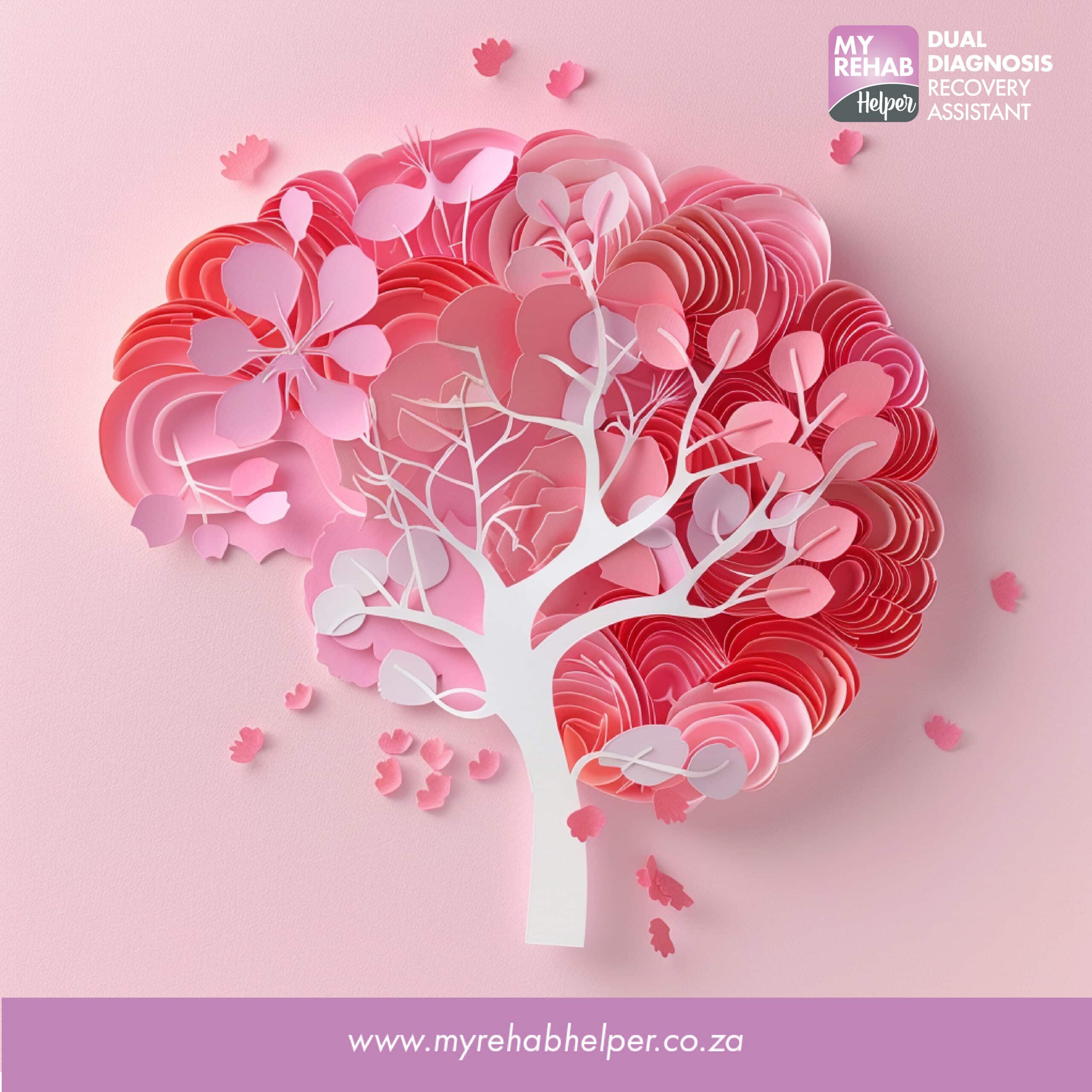 Abstract image of a brain as a tree with pink flowers, symbolizing recovery at MyRehab Helper, a drug and alcohol rehab centre in Brackenhurst, Alberton