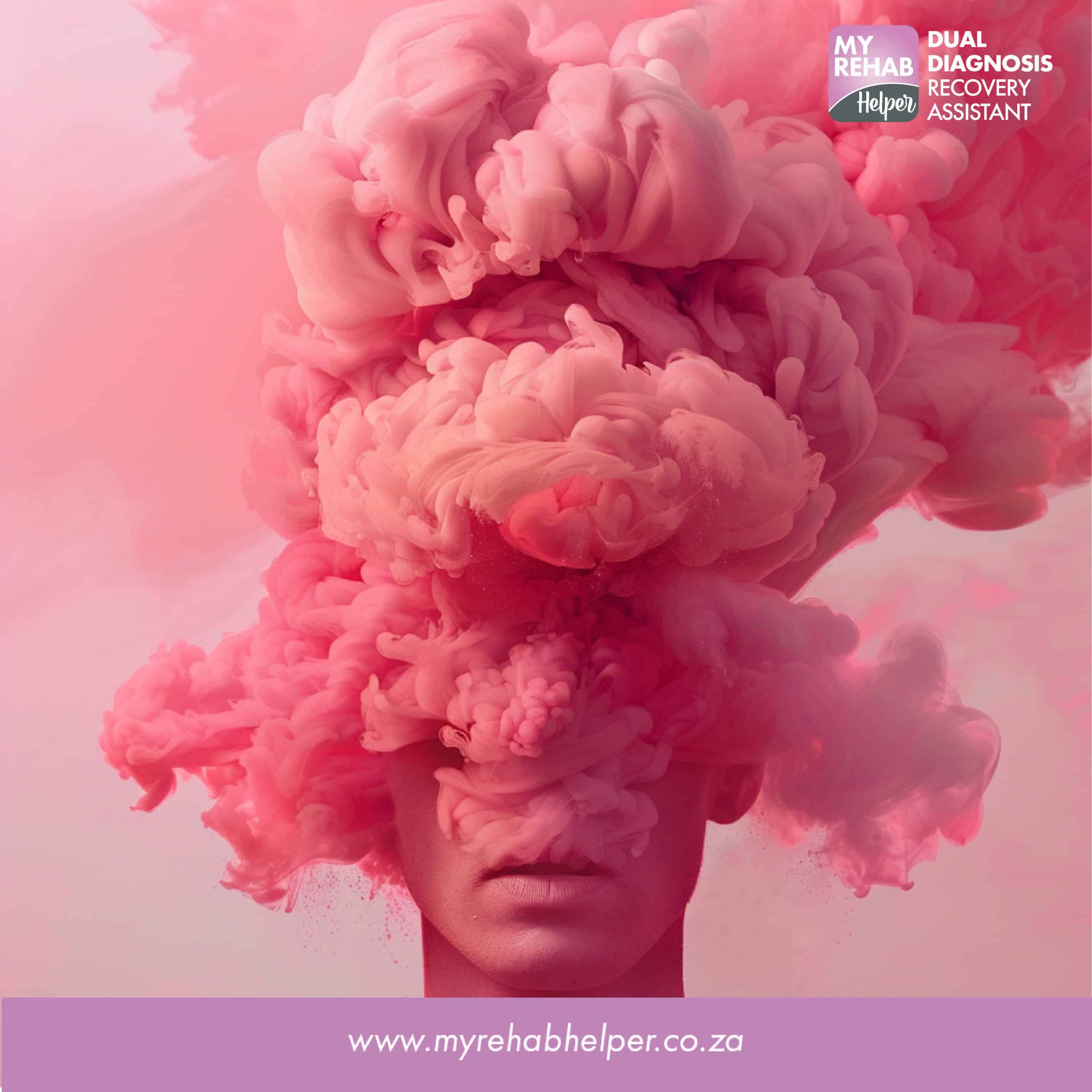 Abstract image of a head with pink smoke, symbolizing recovery at MyRehab Helper, a drug and alcohol rehab centre in Randhart, Alberton