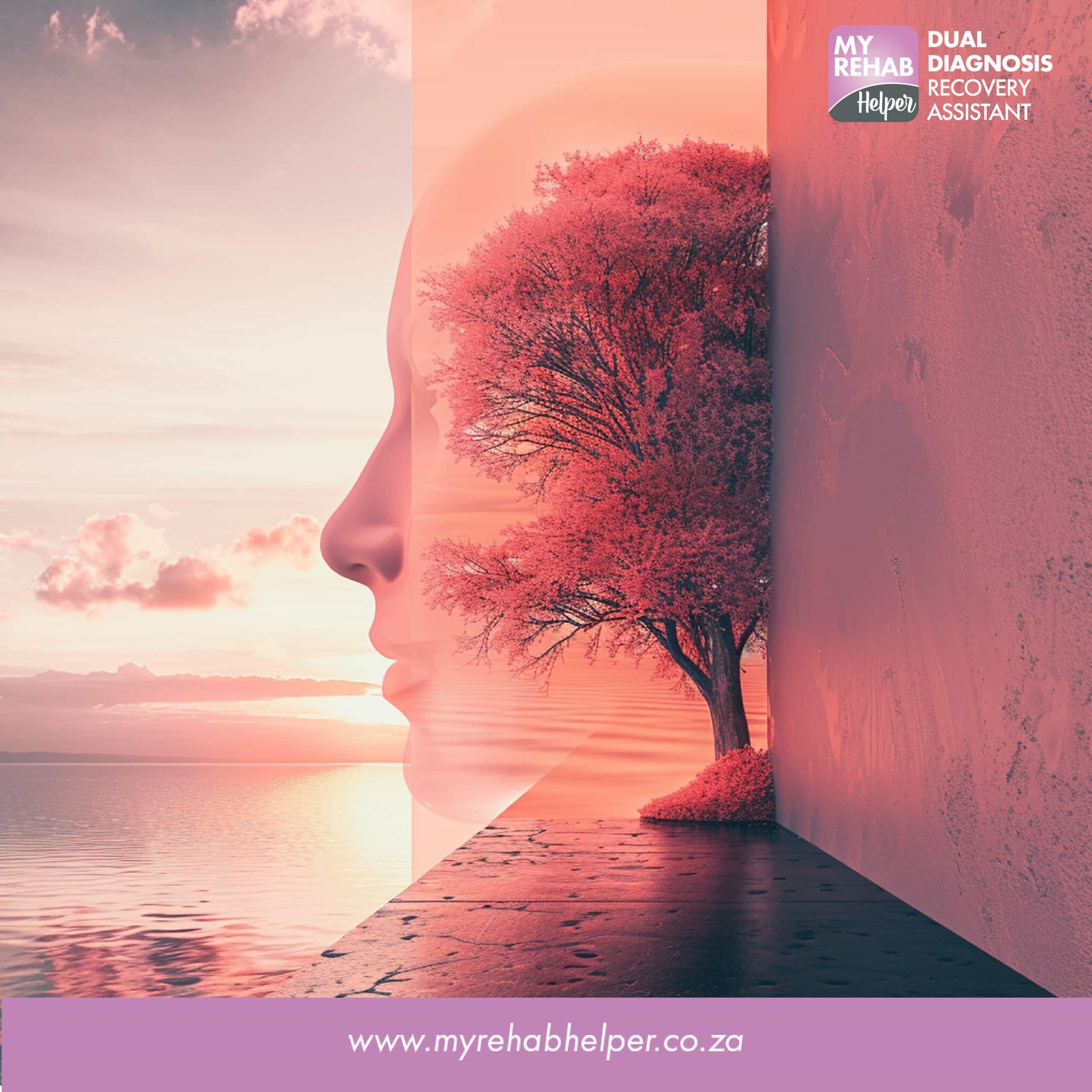 Profile of a woman with a tree and sunset imagery, symbolizing recovery at MyRehab Helper, a drug and alcohol rehab centre in Impala Park, Boksburg