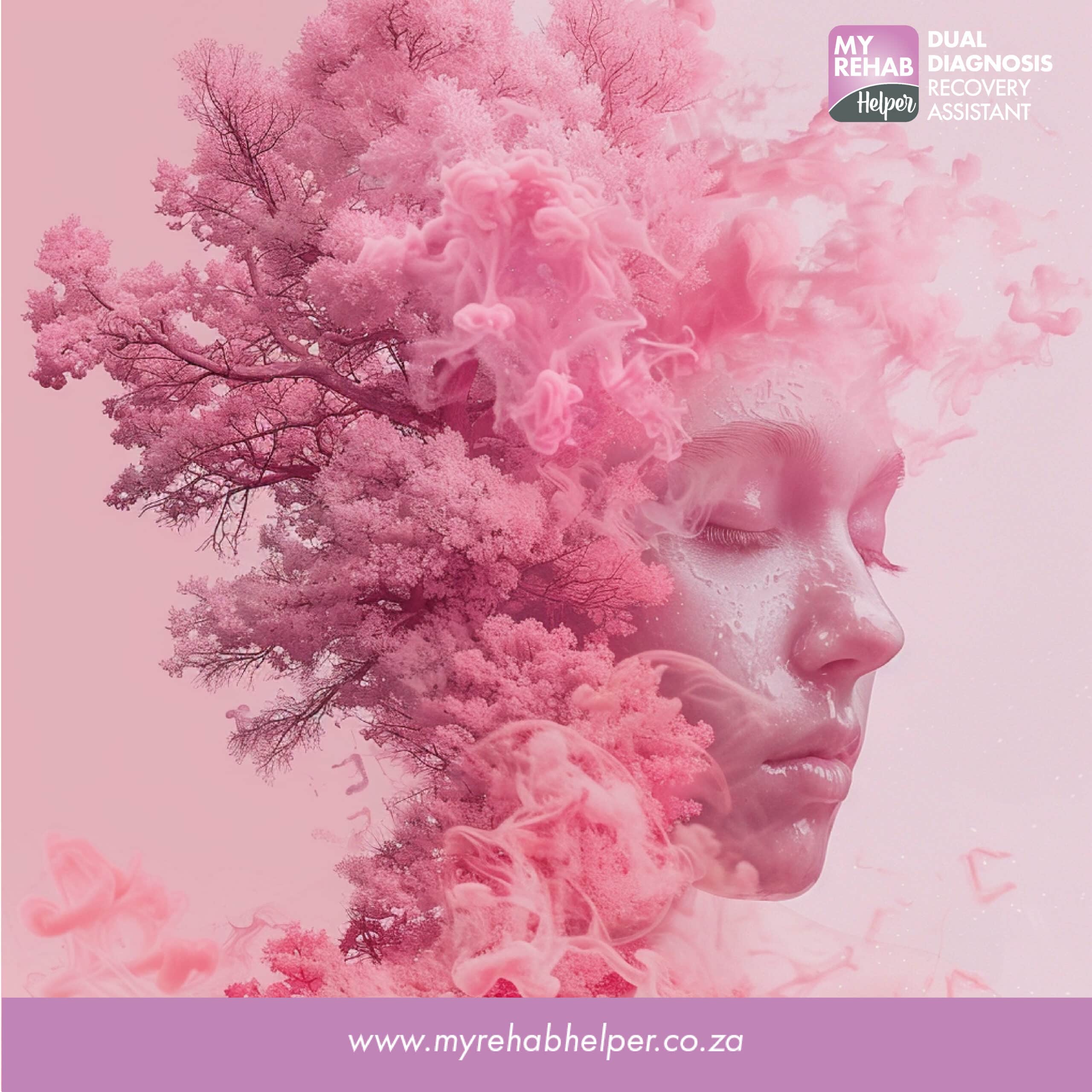 Profile of a woman with pink tree and smoke imagery, symbolizing recovery at MyRehab Helper, a drug and alcohol rehab centre in Libradene, Boksburg