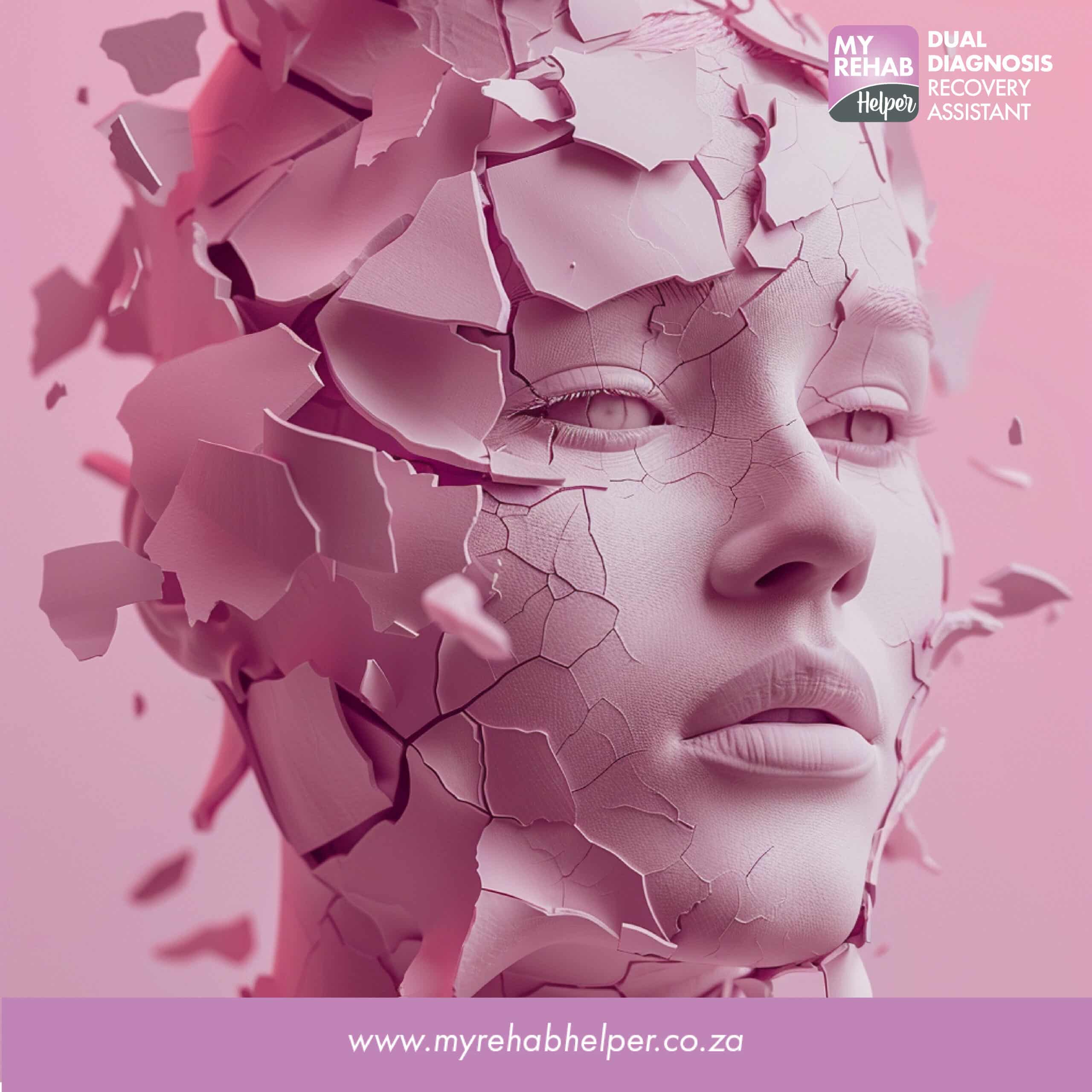 Abstract image of a face breaking into pieces, symbolizing recovery at MyRehab Helper, a drug and alcohol rehab centre in Verwoerdpark, Alberton