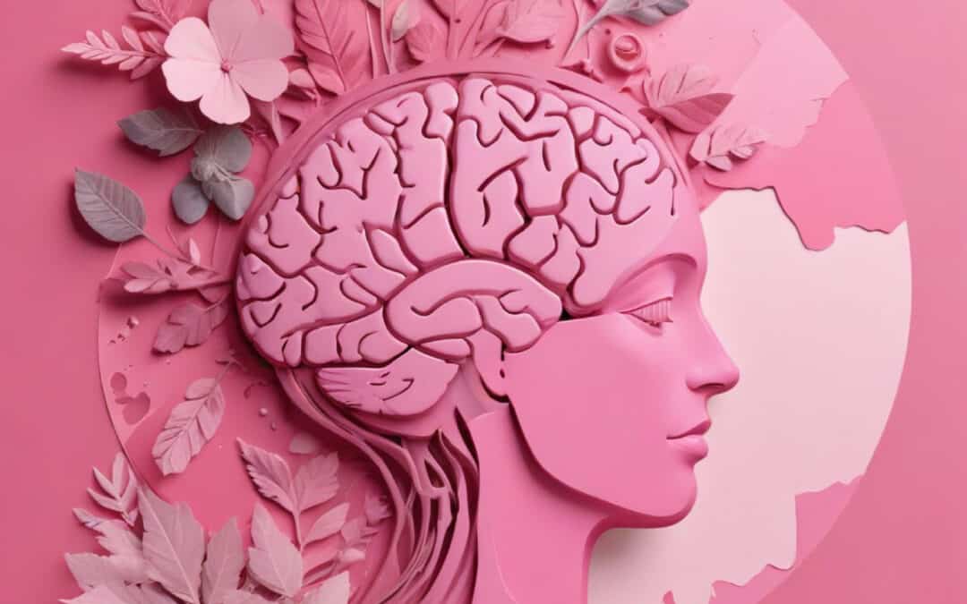 Profile of a woman with brain and floral imagery in pink, symbolizing recovery at MyRehab Helper, a drug and alcohol rehab centre in Bartlett, Boksburg