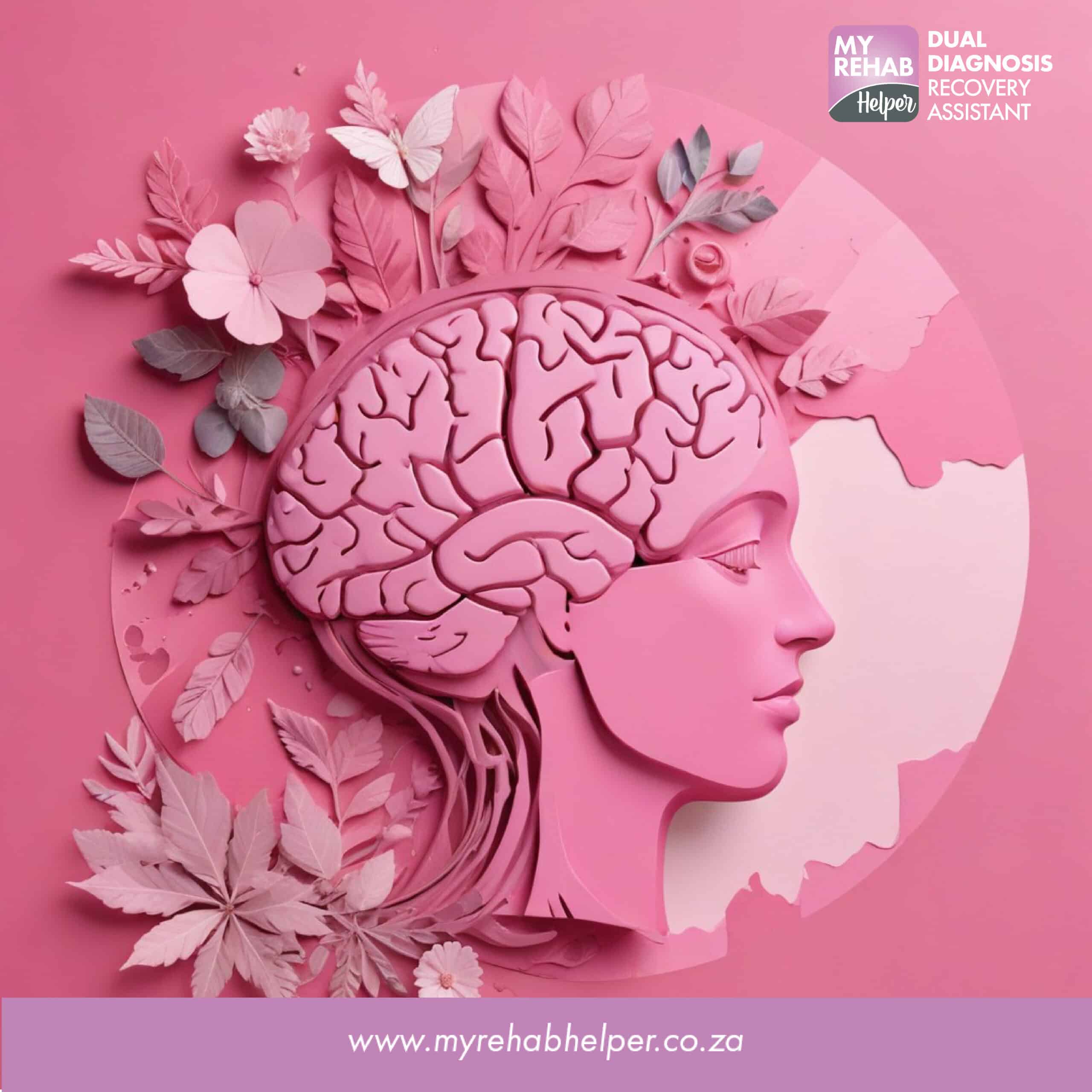 Profile of a woman with brain and floral imagery in pink, symbolizing recovery at MyRehab Helper, a drug and alcohol rehab centre in Bartlett, Boksburg