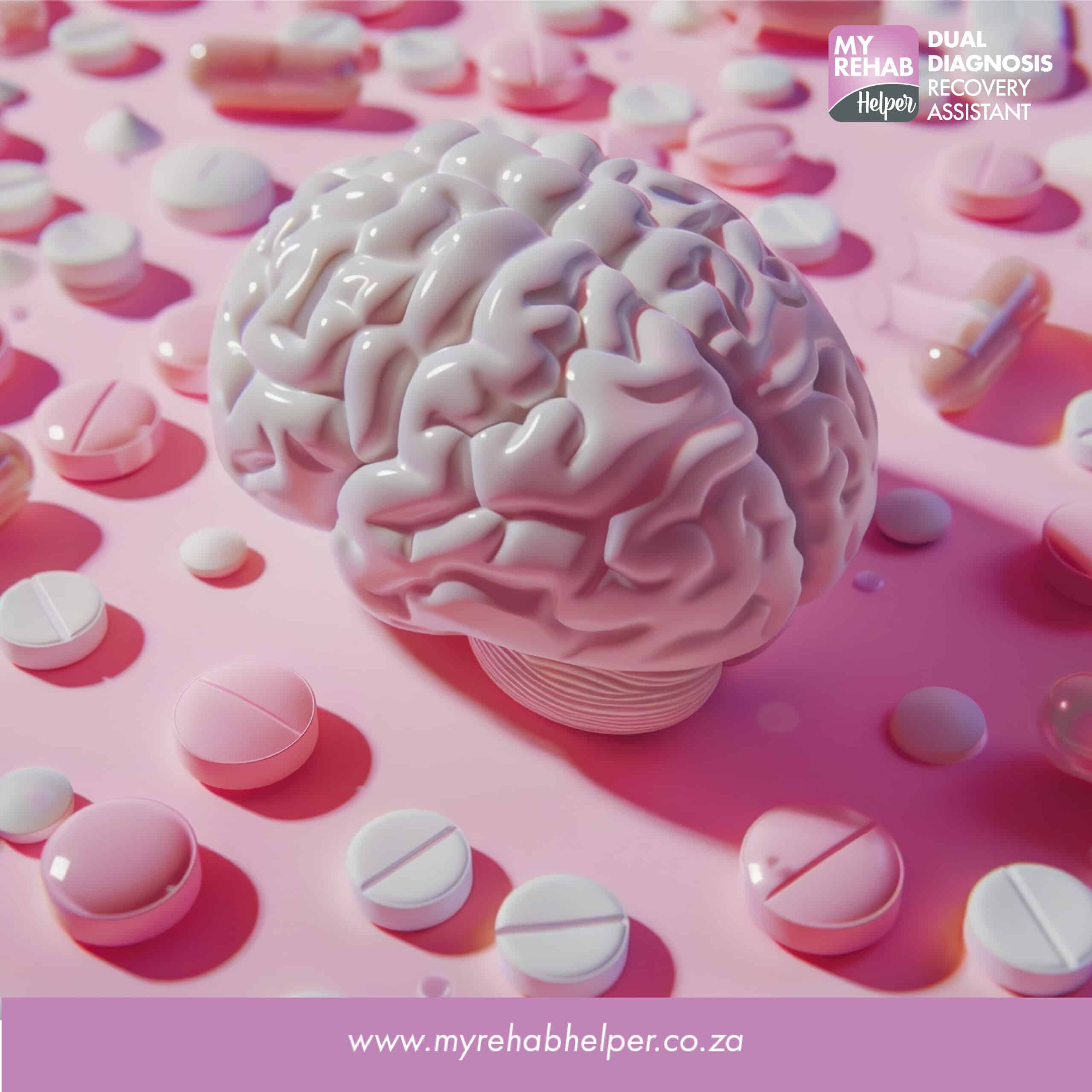 3D model of a brain surrounded by various pills, symbolizing recovery at MyRehab Helper, a drug and alcohol rehab centre in Bardene, Boksburg