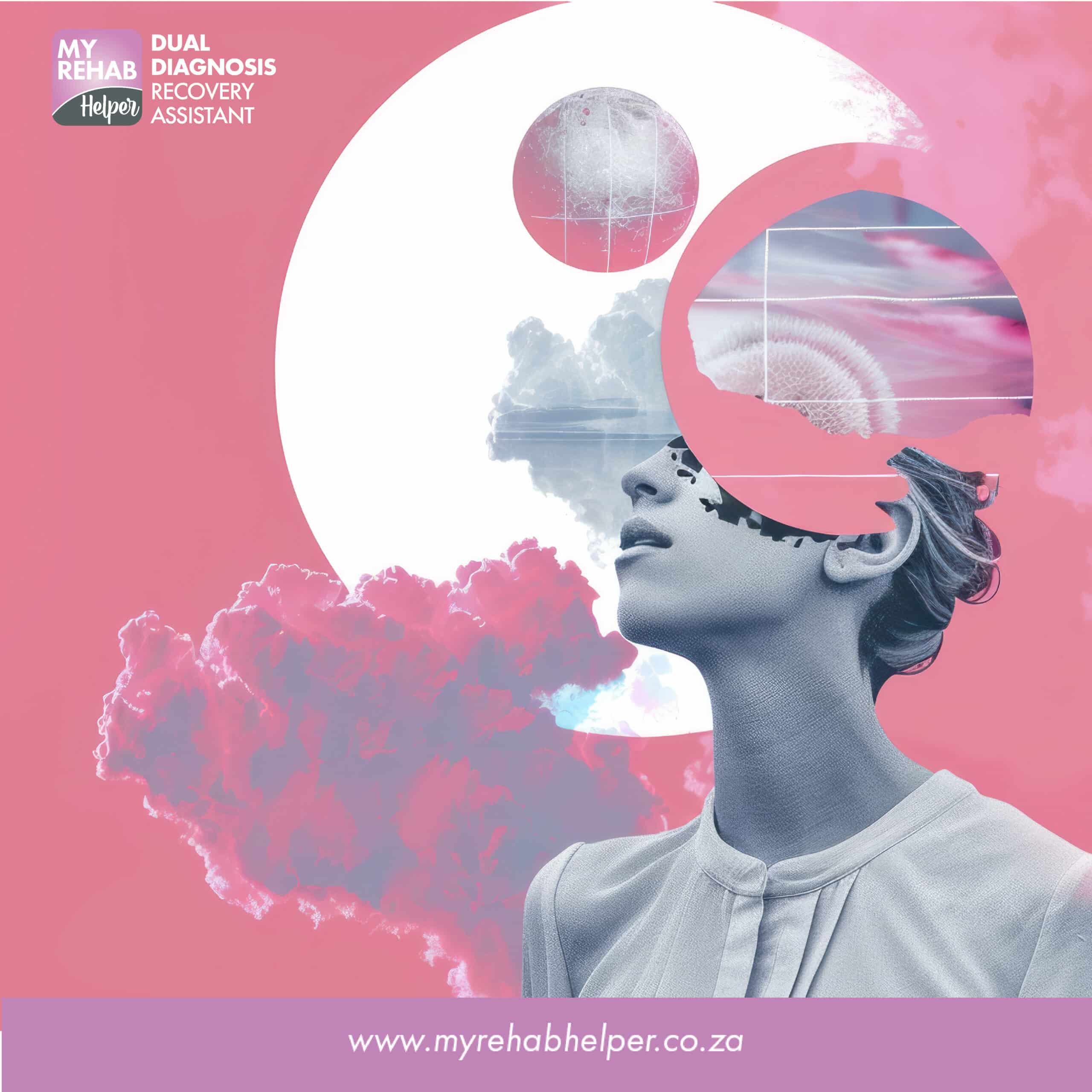 Abstract image of a woman's profile with celestial and nature elements, symbolizing recovery at MyRehab Helper, a drug and alcohol rehab centre in Beyers Park, Boksburg