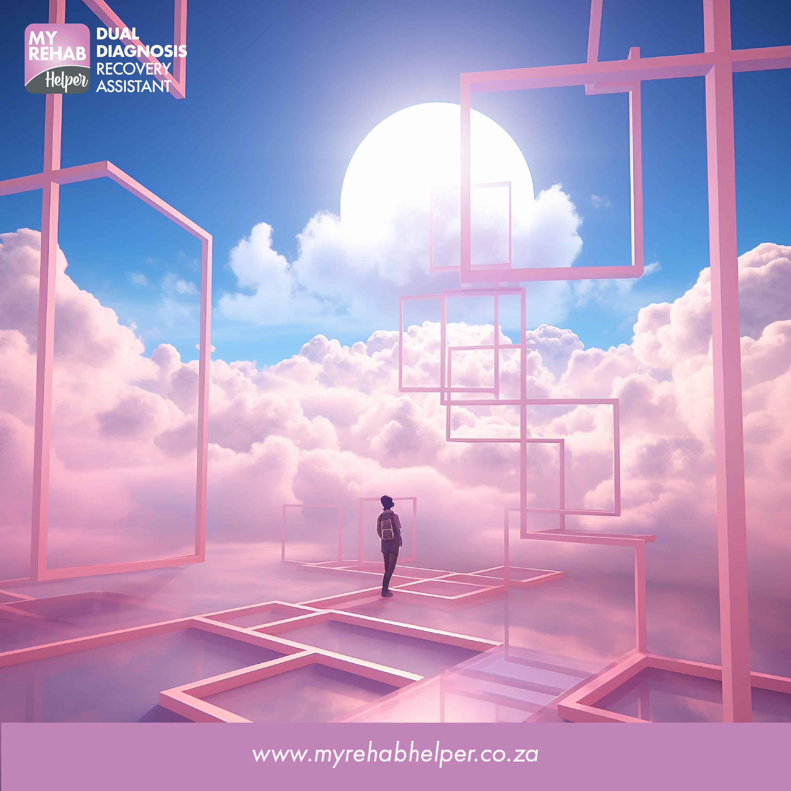 Person walking on abstract pink platforms towards the sun, symbolizing recovery at MyRehab Helper, a drug and alcohol rehab centre in Westwood, Boksburg