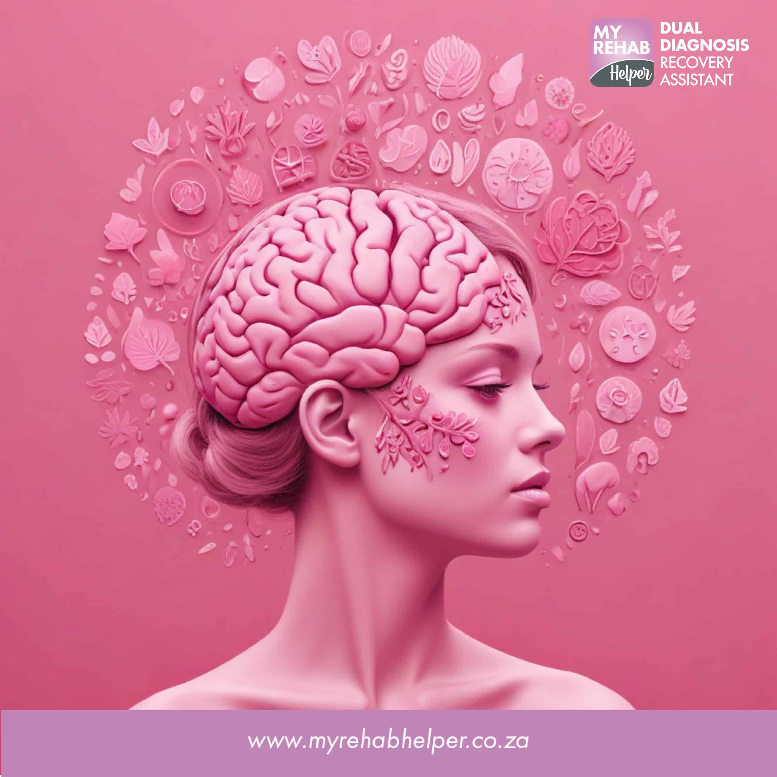 Side profile of a woman with brain and floral imagery in pink, representing recovery at MyRehab Helper, a drug and alcohol rehab centre in Parkrand, Boksburg