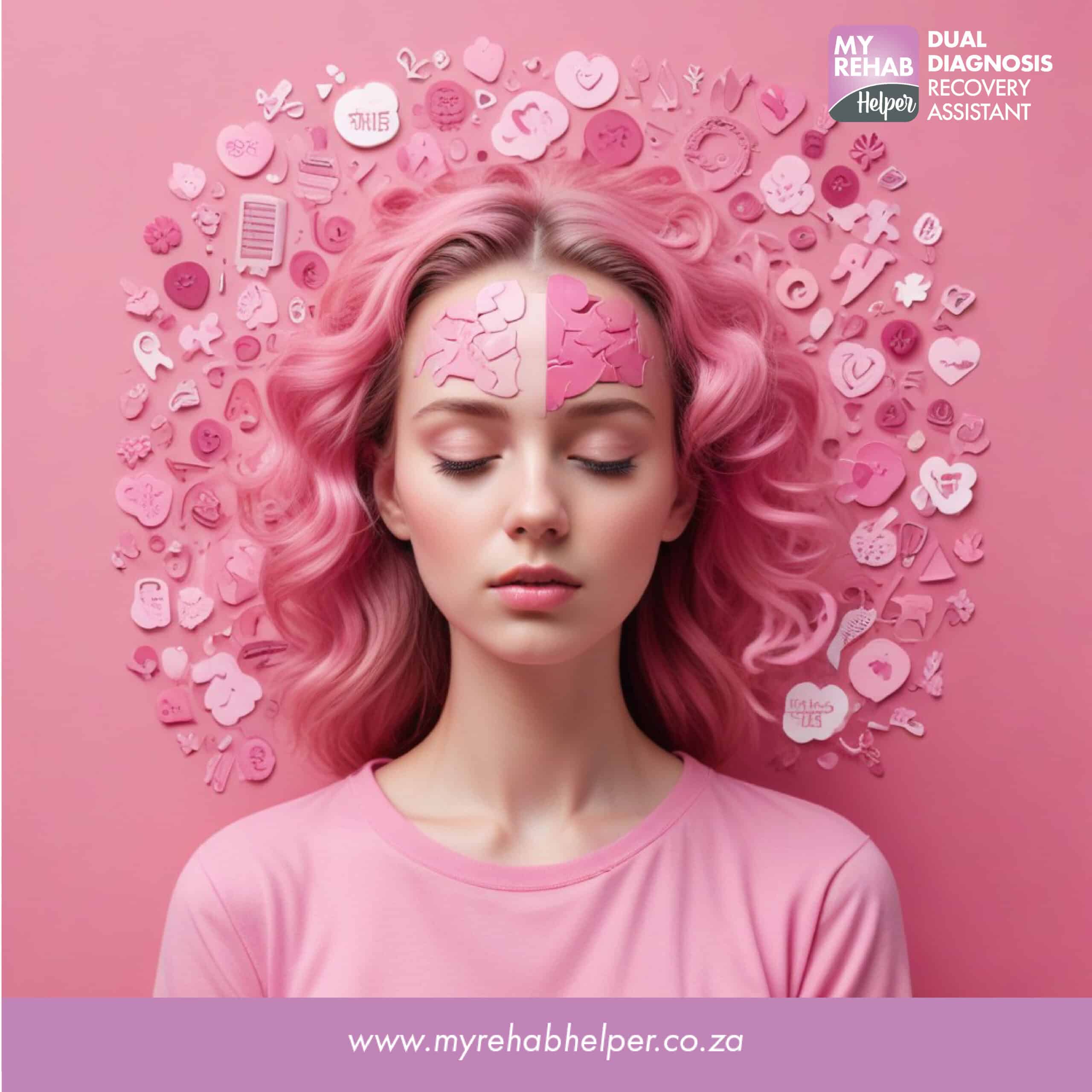 Young woman with pink hair and abstract brain imagery, symbolizing recovery at MyRehab Helper, a drug and alcohol rehab centre in Sunward Park, Boksburg