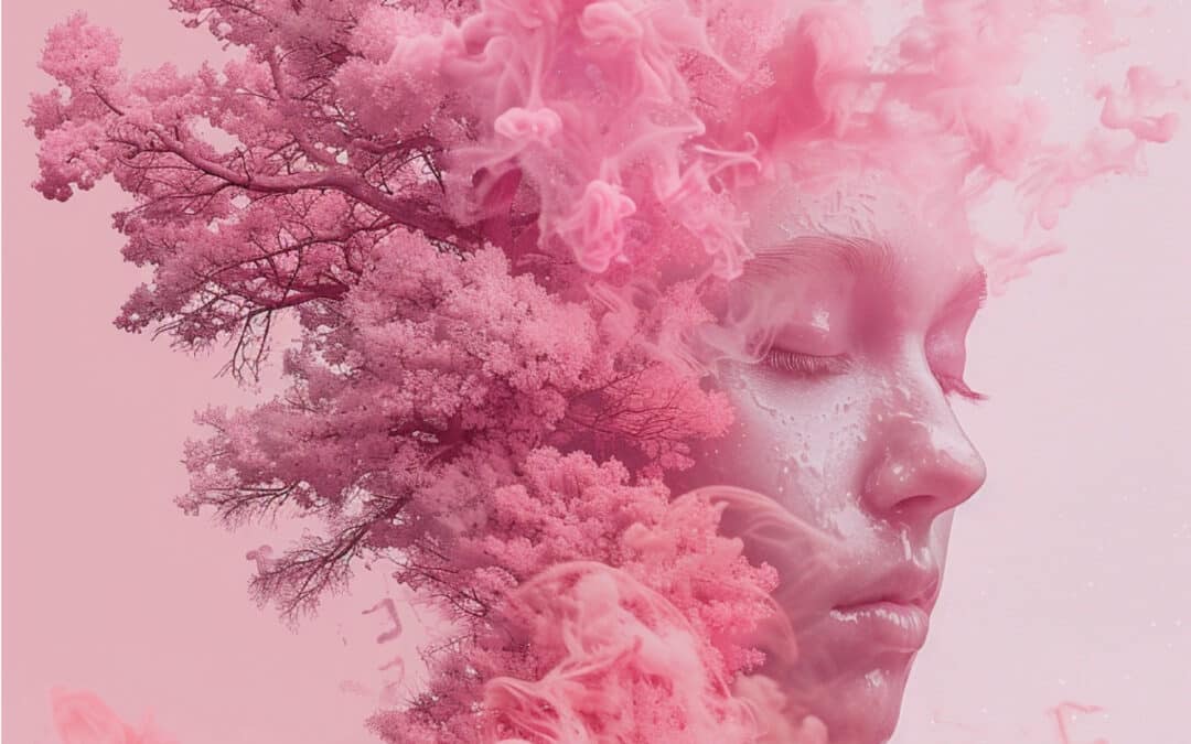 Artistic representation of a serene face surrounded by pink foliage and clouds, symbolizing recovery at a drug and alcohol rehab centre in Bonaero Park, Kempton Park