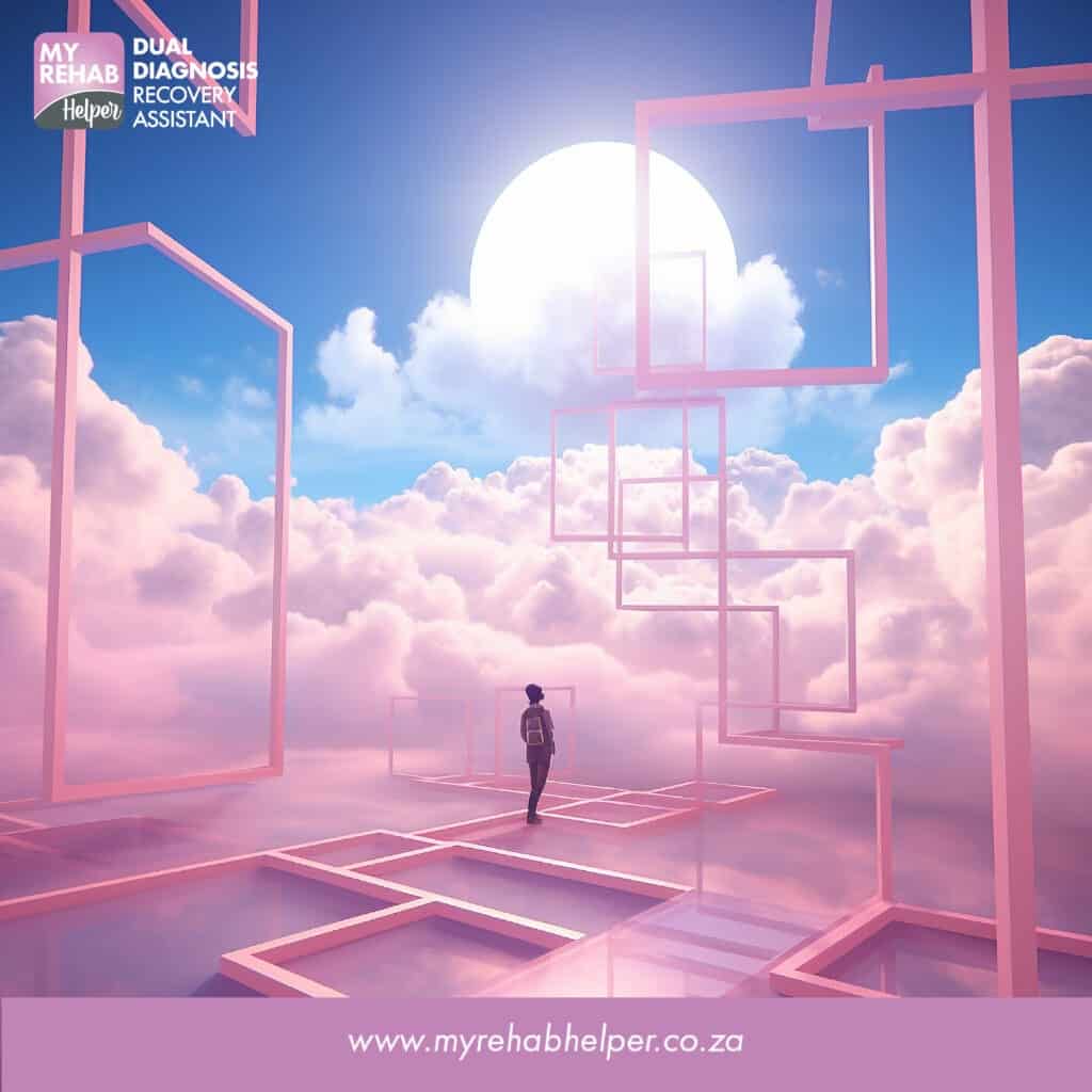 Artistic representation of a person walking through abstract frames in the clouds, symbolizing the journey of recovery at a drug and alcohol rehab centre in Halfway Gardens, Midrand