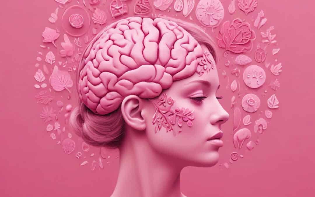 Artistic representation of a woman's profile with a detailed brain surrounded by abstract elements, symbolizing recovery at a drug and alcohol rehab centre in Noordwyk, Midrand