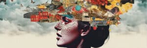 Artistic collage of a woman's profile with various vibrant elements symbolizing different aspects of life, set against a cloudy sky, representing the journey of recovery at the drug rehabilitation centre in Bedfordview.